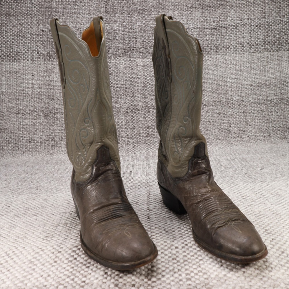 Vintage Two Tone Leather Cowboy Boots Embroidered Gray Brown Western Boots